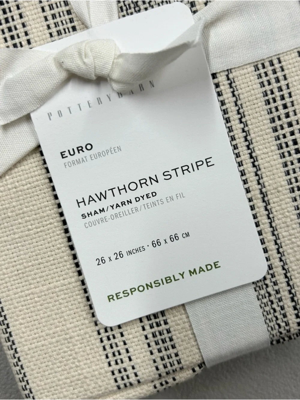 Pottery Barn Hawthorn Striped Cotton EURO Pillow Sham Cover Charcoal Gray NWT